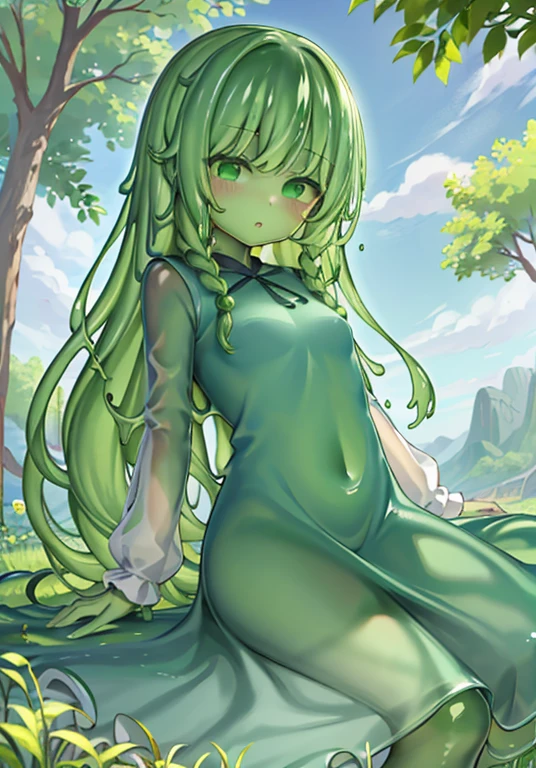 Girl Slime, Exterior color: Green, Transparent, in full height, no dress, with long hair