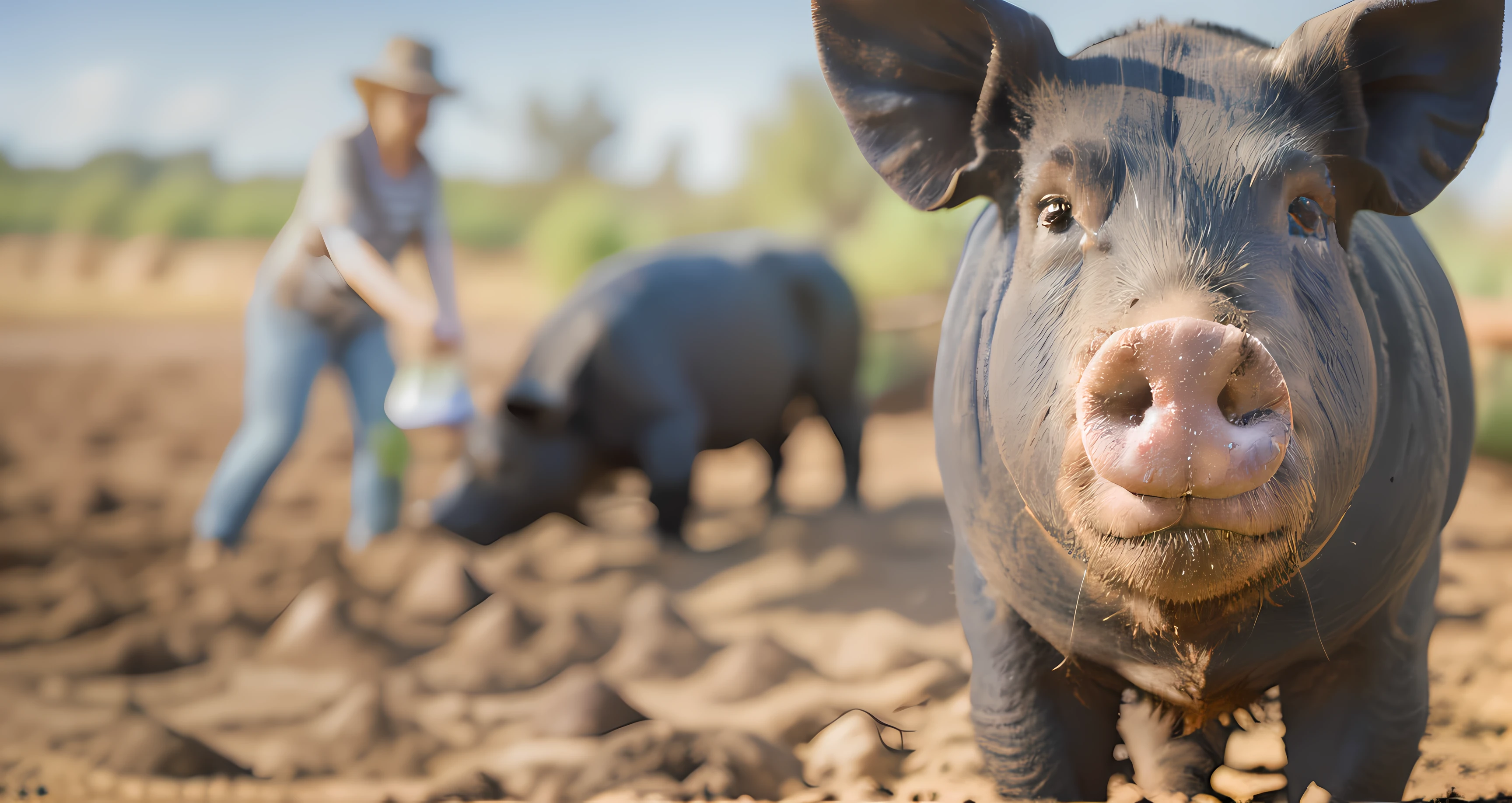 In the dirt stood a black pig, looking towards camera,Far on land,An old woman feeds a black pig,photorealistic effect,