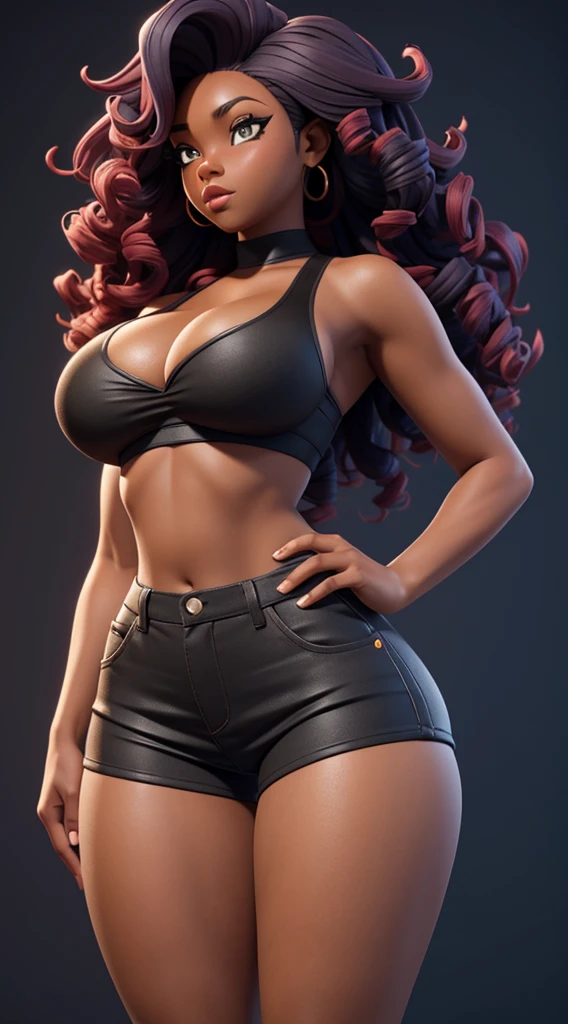 black girl showing off her large buttocks, her curly and colored hair, her perfect body, cleavage, wearing tight shorts that fit her body, 3D detailed environment and cinematic quality