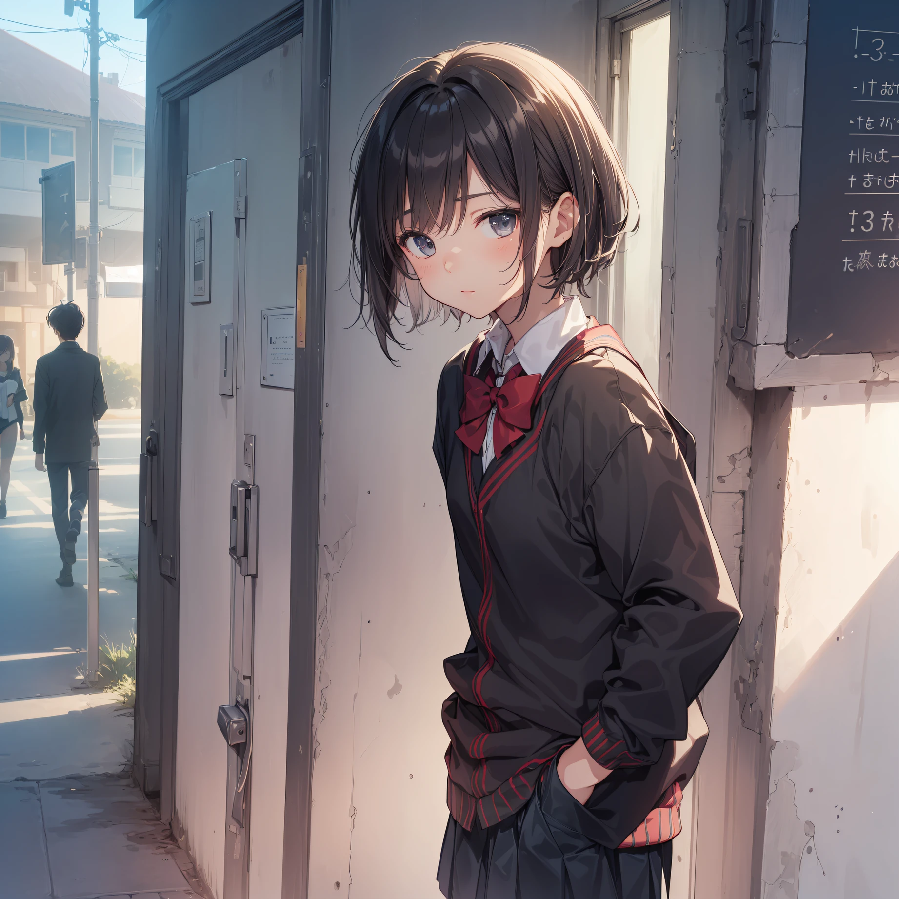 ((top quality, anime, Full limbs, complete fingers, ultra-detailed,high resolution,extremely detailed CG,unity 8k wallpaper, by famous artist, super detailed skin, cinematic lighting, UHD, retina,1080P)),break,(Please draw a girl walking sleepily to school. :1.3),break, 1girl, (Solo,Loli face,-yeld:1.a junior hinous charm, (Very Short hair),flat chest, Small butt, groin, Beautiful detailed black eyes, disgusted eye, school Uniform, (Detailed Lighting), (Detailed background), (in the school zone),