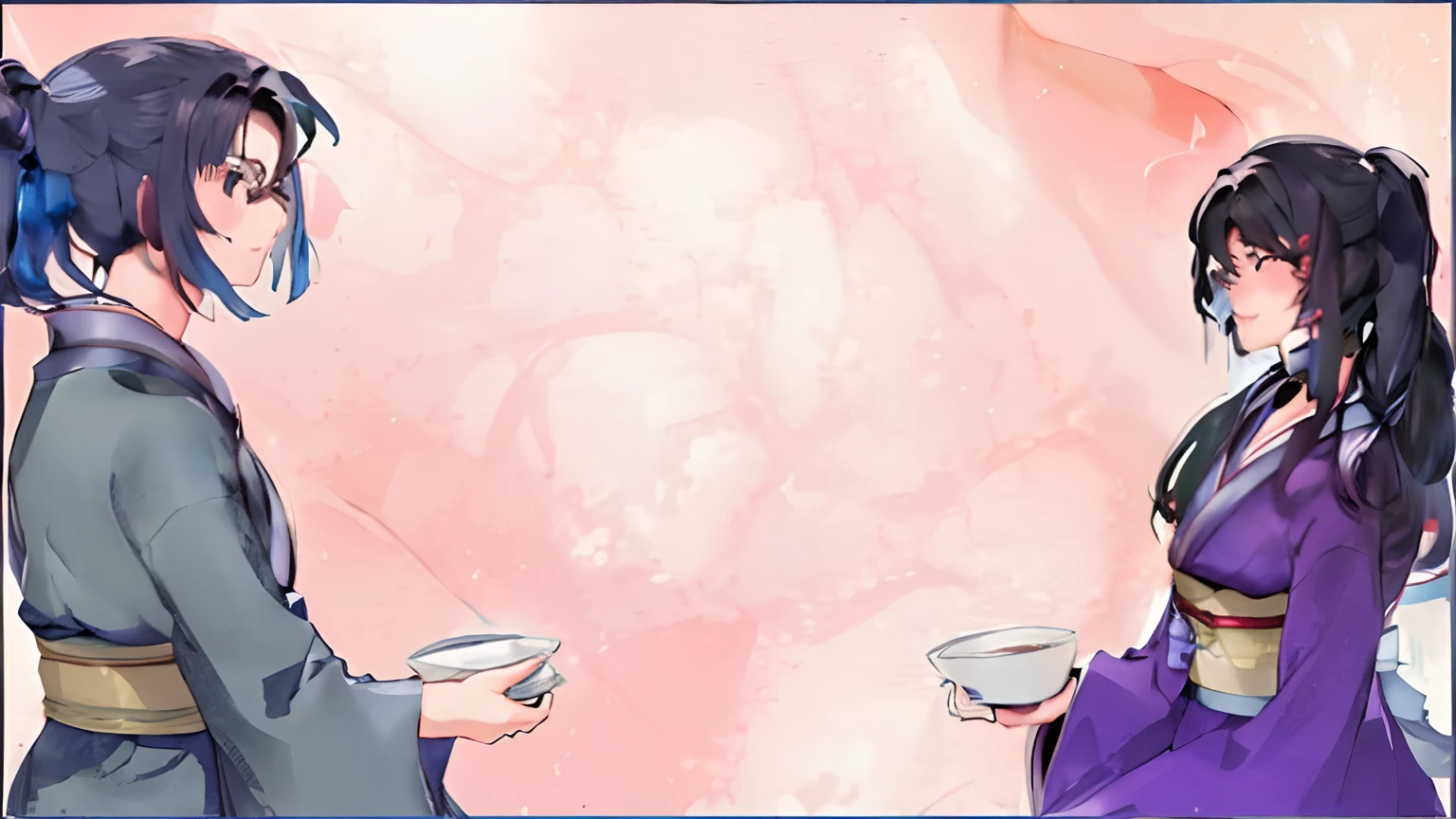 Two people in kimonos eat face to face. The boy on the left wears a blue ponytail, The girl on the right has long black hair. and the two looked at each other and smiled, Sideways, Sideways. Japanese anime style, Super detail, Accurate, Best quality, Negative space, From the side, Bokeh, Depth of field, Sparkle, Masterpiece, High details, High-res, High quality, Super detail, Anatomically correct