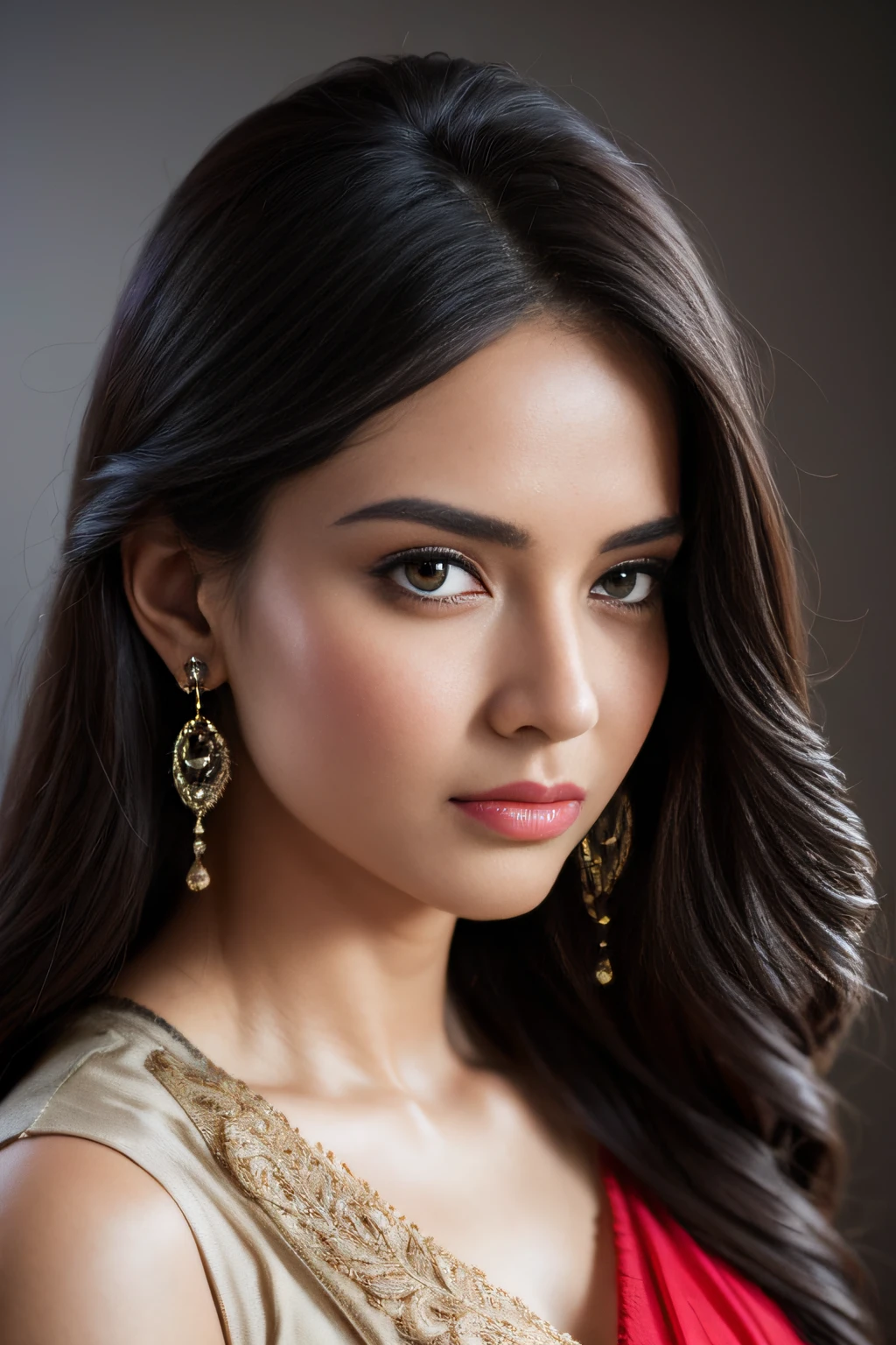 Portrait of A confident-looking indian  woman with long flowing hair, hazel eyes, with flowing capes, perfect composition, hyperrealistic, super detailed, 8k, high quality, trending art, trending on artstation, sharp focus, studio photo, intricate details, highly detailed, wearing red saree, black blouse, perfect 36-26-36 figure, model, perfect detailed image, brown eyes, dart by greg rutkowski
