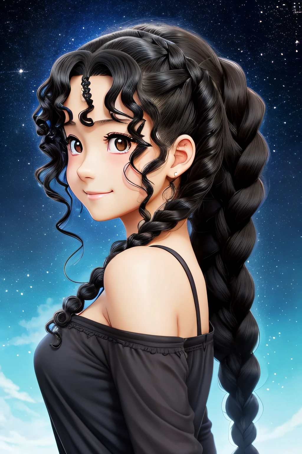 Black hair, Anime, Ghibli, Anime style, close up, From Side, One-person viewpoint, 8K, Super Detail, masutepiece,Super Detail, High quality, High resolution, high detailing, Outer space background, Face Detail, Happiness, Curly hair, Blue eyes、With smiling eyes、Curly hair in braids、((Body Portrait))