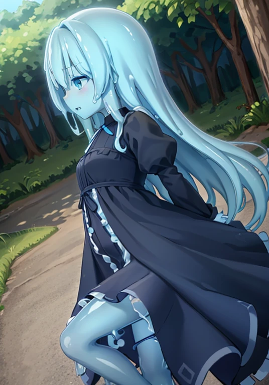 Girl Slime, Exterior color: blue, Transparent, in full height, no dress, with long hair