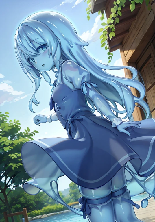 Girl Loli Slime, Exterior color: blue, Transparent, in full height,  no dress, with long hair