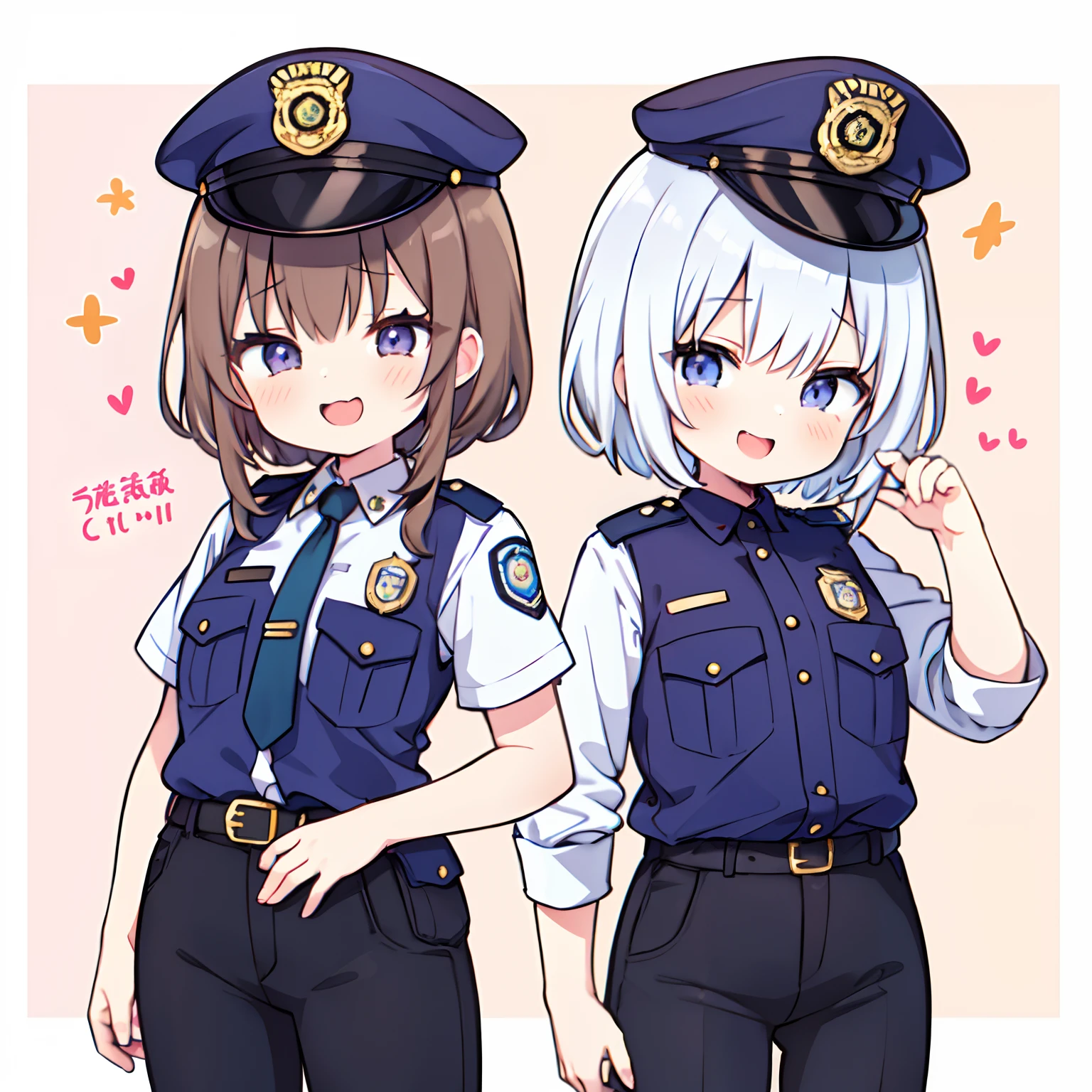 (Best Quality:1.2),(masutepiece:1.2),  multipel Girls,hightquality、hight resolution、High quality、2girls。policewoman。female cop。Lori。mesugaki,policeman's cap。(Yuri:0.7),Gray background, Same uniform,pink hair,yellow hair,flat breast,