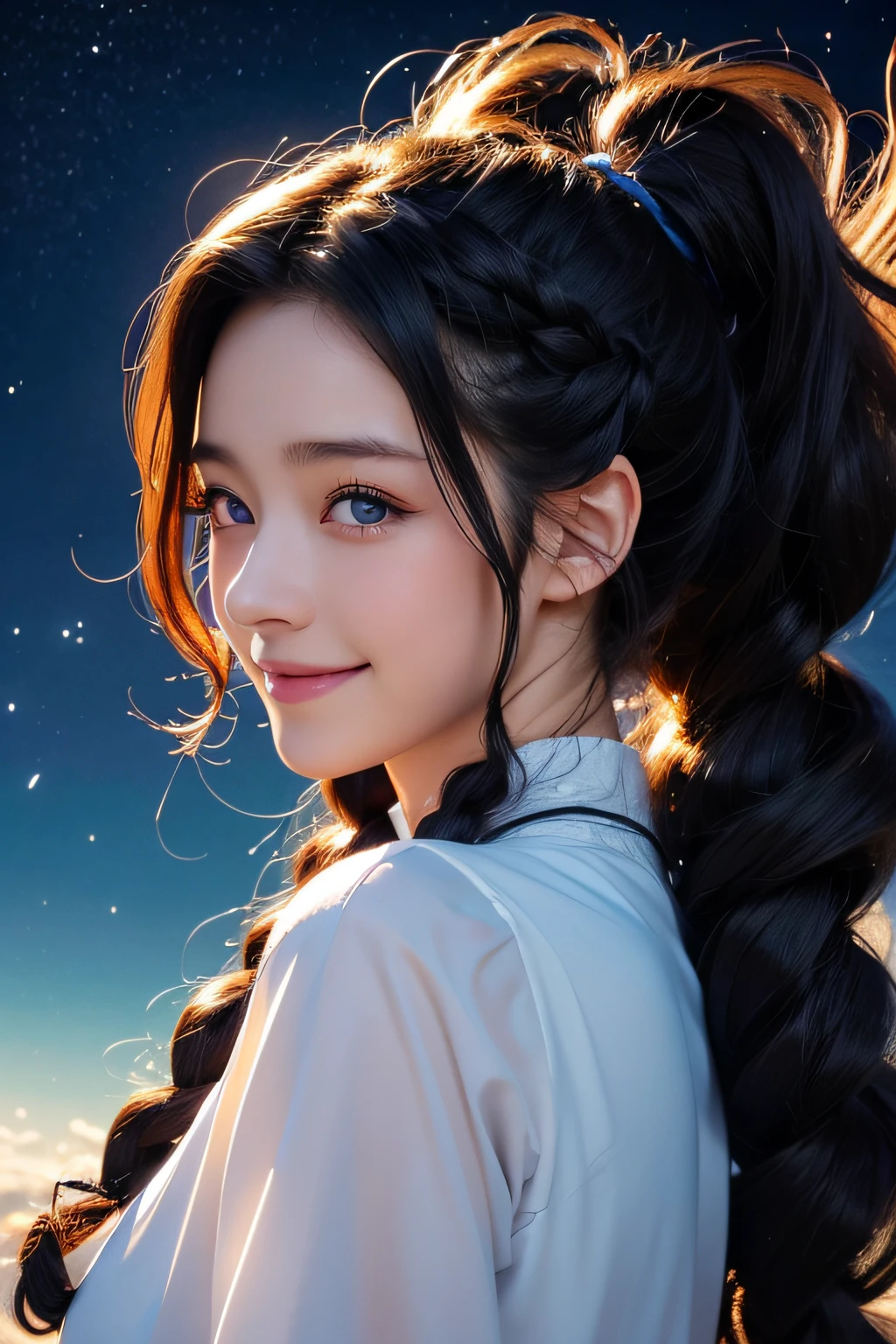 Black hair, Anime, Ghibli, Anime style, close up, From Side, One-person viewpoint, 8K, Super Detail, masutepiece,Super Detail, High quality, High resolution, high detailing, Outer space background, Face Detail, Happiness, Curly hair, Blue eyes、With smiling eyes、Curly hair in braids、poneyTail、