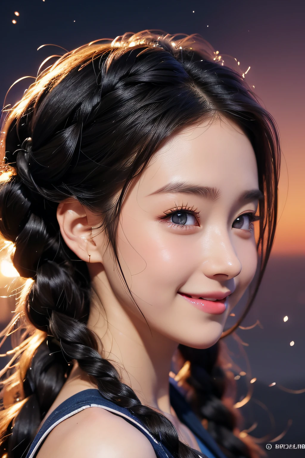 Black hair, Anime, Ghibli, Anime style, close up, From Side, One-person viewpoint, 8K, Super Detail, masutepiece,Super Detail, High quality, High resolution, high detailing, Outer space background, Face Detail, Happiness, Curly hair, Blue eyes、With smiling eyes、Curly hair in braids、poneyTail、