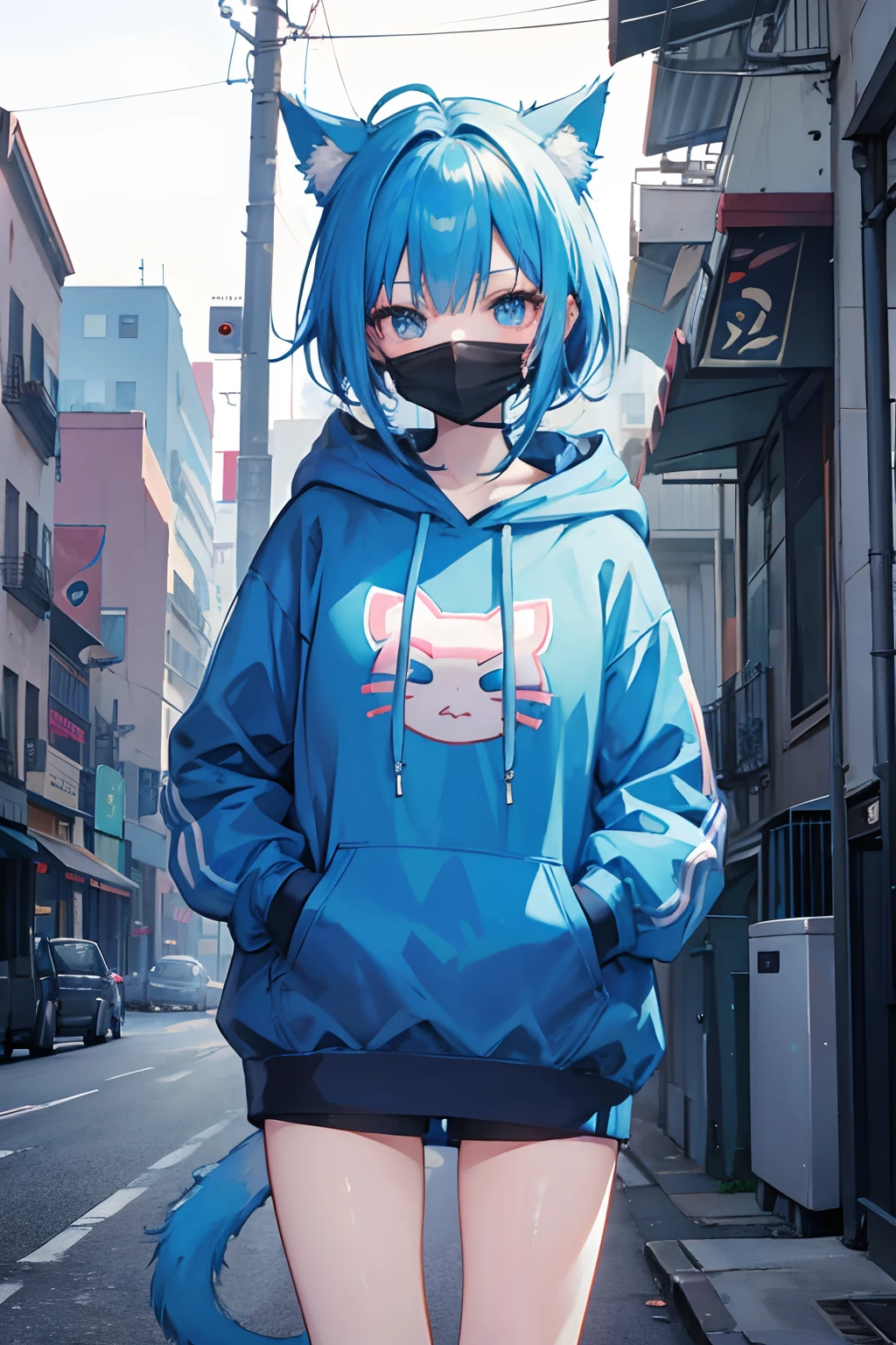 Anime girl with blue hair, Cat-designed masks, Hoodie, Earphone, under a neon, Streets