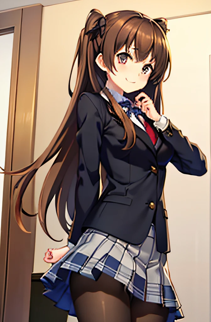 best quality:1.3, 1girl, whole body,twintails, brown hair, shy smile,panties under pantyhose