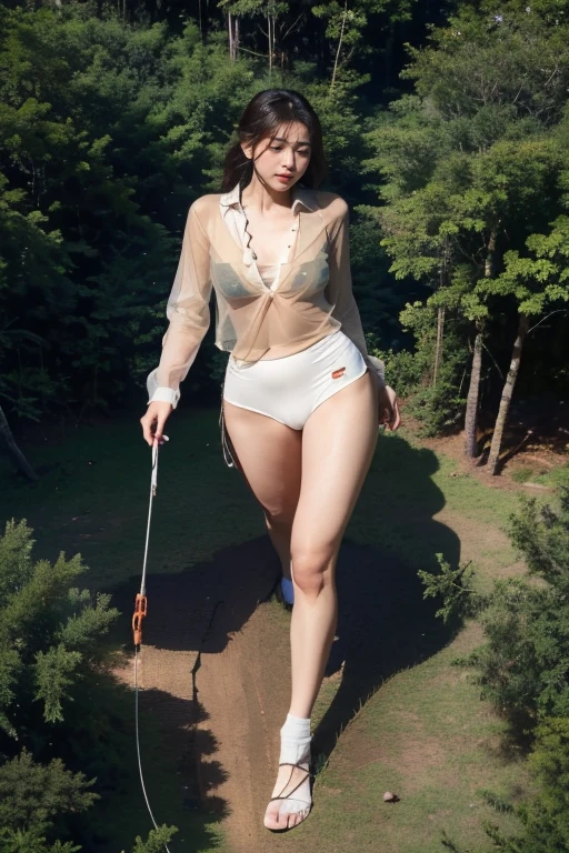 ((top-quality、in 8K、​masterpiece:1.3、Raw photo))、Super high quality photos, ((In the dense forest)), ((Aerial Photography)), Japan Top Idol Women With Perfect Beauty, Perfect beauty, ((slim figure))、((der riese))、((Wear a white see-through shirt)), ((not wearing bra)), (( are protruding)), tropical jungle、 (Photorealistic: 1.4), (Ultra-high detail), (hyper realisitic: 1.4), (Realistic: 1.3), (Smooth lighting: 1.05), 1girl in, Solo, (Japanese actressl),　 20yr old, Full body, ((camel's toe)), ((der riese)), Size difference, cinematlic lighting, ((slim thigh)), ((Perfect beauty)), ((The most beautiful face)), ((Transcendent beauty)),tropical jungle、((In the dense forest)), ((slim figure)), ((Some very small tents at the campsite)), ((Small people々is running away)),((Aerial Photography)), Real rain, wetting hair, (( are protruding)),  ((camel's toe)),