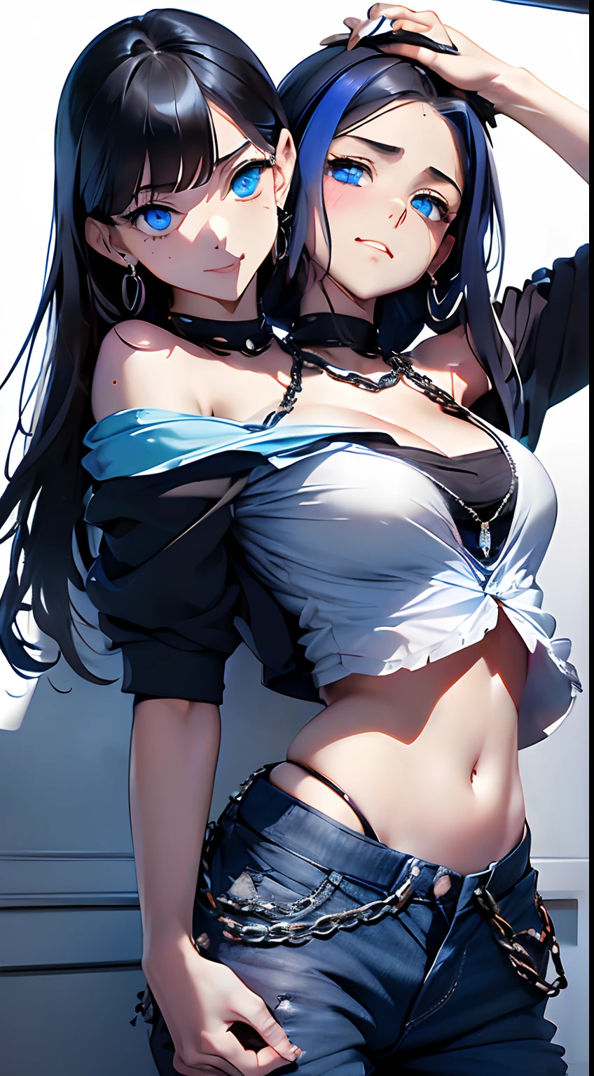 (masterpiece, best quality), best resolution, (2heads:1.5), 1girl, two-headed girl with((18year old, two heads, two heads are positioned next to each other, fused necks, facing the viewer, tattered clothing, white tube top, Black short-sleeved hoodie, White pants, Best Bust, Bust 8?????tremely long black hair on both heads, Blue eyes, open ????? wide, Happiness, Sweating, Chain Accessories, During the dance、お腹に♡のペイント)）hiquality, visualart,