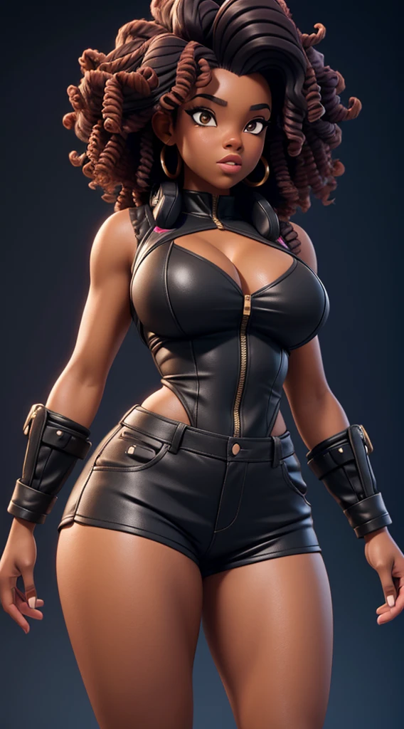 black girl showing off her large buttocks, her curly and colored hair, her perfect body, cleavage, wearing tight shorts that fit her body, 3D detailed environment and cinematic quality