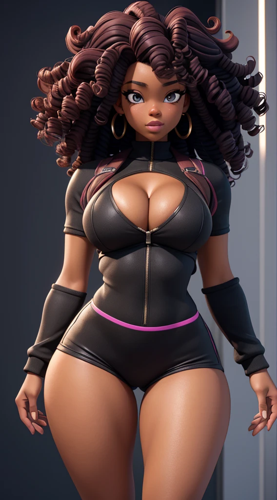 black girl showing off her large buttocks, her curly and colored hair, her perfect body, cleavage, wearing tight shorts that fit her body, 3D detailed environment and cinematic quality