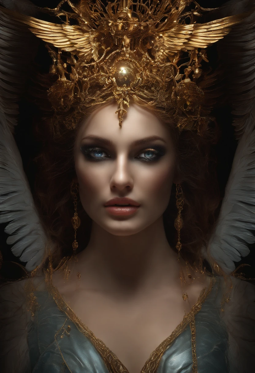 Fallen Angel, glowing light eyes, biomechanical, eery, creepy, nightmarish, Very bright colors, light Particle, with light glowing, Fallen Angel in Prison、Fallen Angel in Prison、Fallen Angel in Chains、The Four Fallen Angels、Fallen angels chained to four fallen angels on the Euphrates River、Facial expressions of suffering