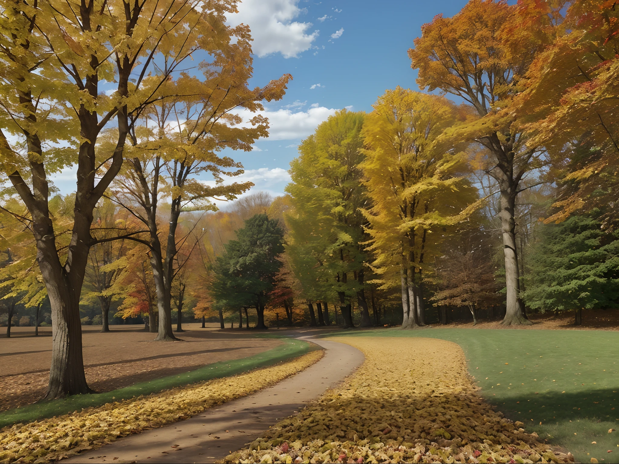 autumn, tree, nature, fall, landscape, sky, trees, leaves, park, forest, season, leaf, yellow, grass, blue, foliage, outdoors, color, field, red, branch, garden, beauty, road, colorful