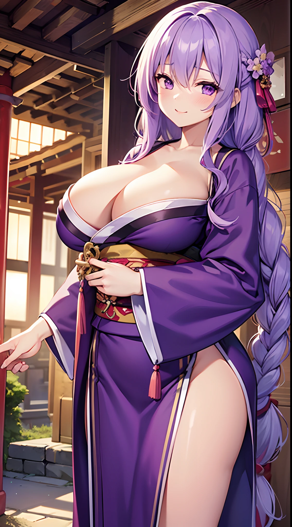 1 girl, game CG, purple kimono, hair ornament, gigantic breasts, light purple hair, long hair, french braid, purple eyes, Japanese shrine, pov, happiness, close one eye,