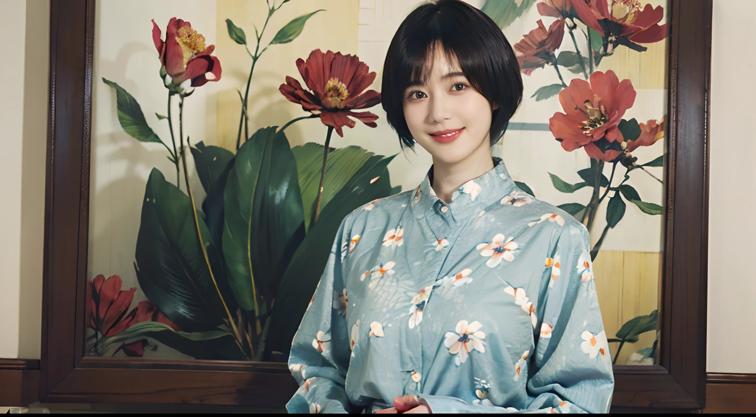 93
(a 20 yo woman,is standing), (A hyper-realistic), (masutepiece), ((short-hair:1.46)), (Smooth black hair), wear long pants, (Wearing a long-sleeved shirt with a floral print), (painterly、picture frame), (Gentle smile), (Keep your mouth shut)