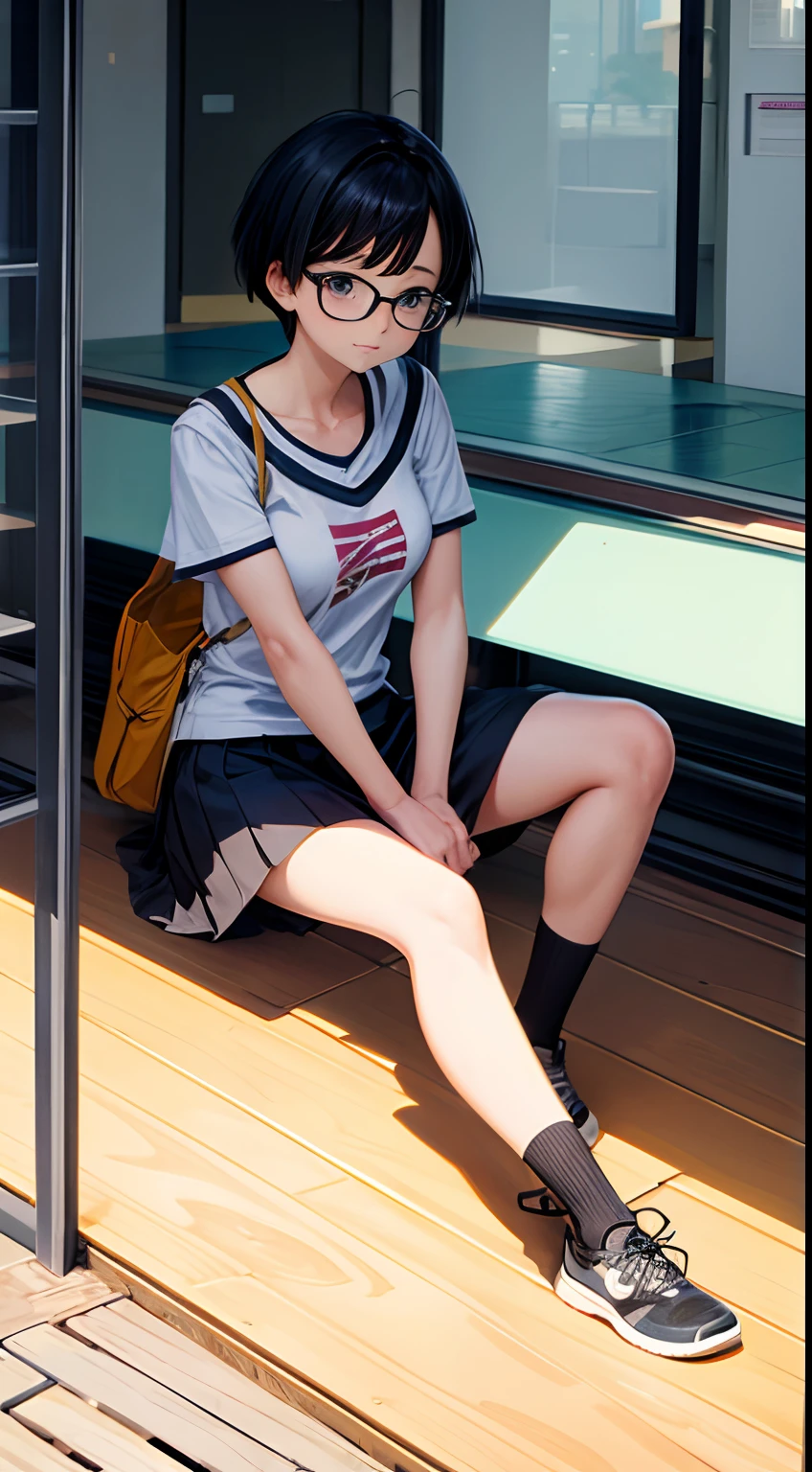 illustration Anime style,
Woman college student, 25 years old, Shy, With eye Glasses, Embarrassed, short hair, Estria roxa em seu cabelo, sentado em uma mesa da escola, nu, Completamente despido, pernas abertas, parecendo envergonhado,
ao fundo, quadro negro e sala de aula