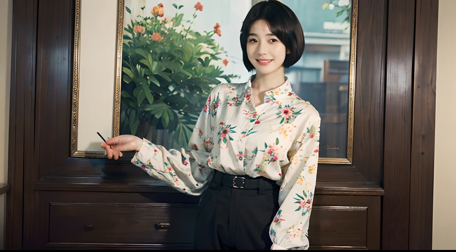 93
(a 20 yo woman,is standing), (A hyper-realistic), (masutepiece), ((short-hair:1.46)), (Smooth black hair), wear long pants, (Wearing a long-sleeved shirt with a floral print), (painterly、picture frame), (Gentle smile), (Keep your mouth shut)