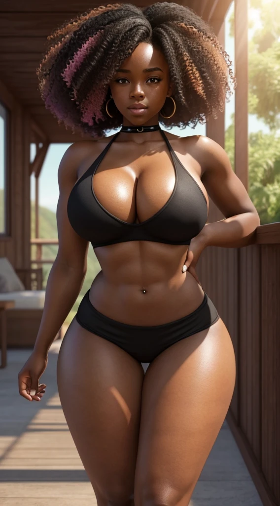 black girl showing off her large buttocks, her curly and colored hair, her perfect body, cleavage, wearing tight shorts that fit her body, 3D detailed environment and cinematic quality