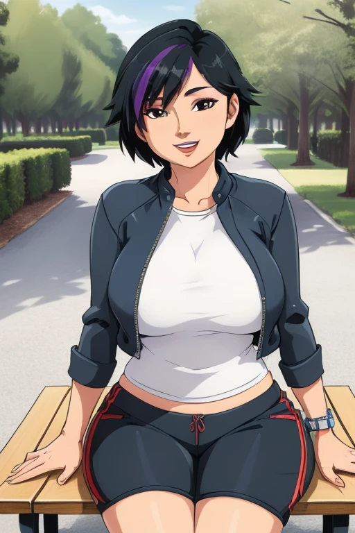 GogoWaifu:1), Cute, Smile, sexy pose, looking a viewer, :D, ((giant breast)), ((wide hips)), (jacket, Shorts, pants:1.2), (Realistic:1.2), (realistness), (Masterpiece:1.2), (Best Quality), (Ultra Detailed), (8K, 4k, Intricate),(full-body-shot:1), large head, (cowboy  shot:1.2), (85mm),light particles, illumination, (Highly detailed:1.2),(Detailed Face:1.2), (gradients), Colorful, 詳細な目, ((bench, sitting on a bench)), ((A park, Behind the trees)),(Detailed background),Detailed landscape, (Dynamic Angle:1.2), (dynamicpose:1.2), (rule of third_composition:1.3), (line of action:1.2), wideshot, 独奏, day light,