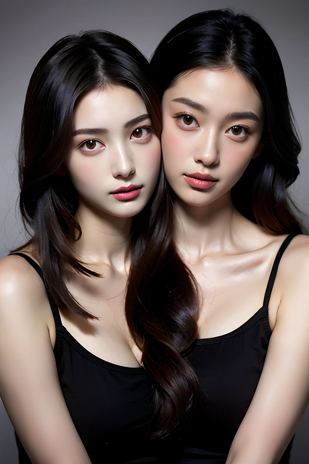 two girls, dynamic pose, studio photoshoot, indoor, posing like a model, dark theme, witch, detailed eyes, detailed lips, long eyelashes, beautiful face, moody lighting, dramatic shadows, high contrast, cinematic colors, cool tones, editorial fashion, editorial style, professional photo, high quality, 8k, best quality, masterpiece, ultra-detailed, photorealistic
