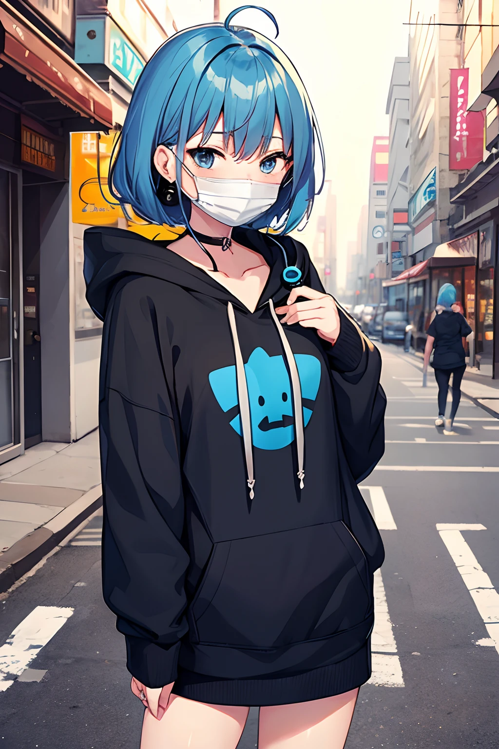 Anime girl with blue hair, Cat-designed masks, Hoodie, Earphone, under a neon, Streets