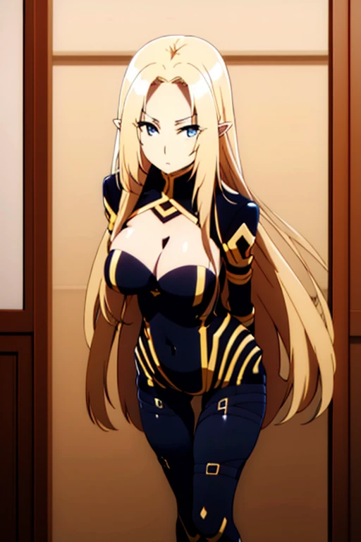 1girl, solo, blonde_hair, pointy_ears, luminous eyes, blue_eyes, long_hair, sexy mature look, intense gaze, 4K resolution, masterpiece, highres, illustration, extremely delicate and beautiful, extremely detailed, upper_body, collarbone, cleavage, medium_breasts, thigh_strap, fit body, sexy muscular, covered six-pack belly, covered_navel, bedroom, standing, looking_at_viewer, perfect hips, perfect eyes, perfect hands, perfect fingers, perfect legs, perfect thighs, perfectly drawn anatomy,