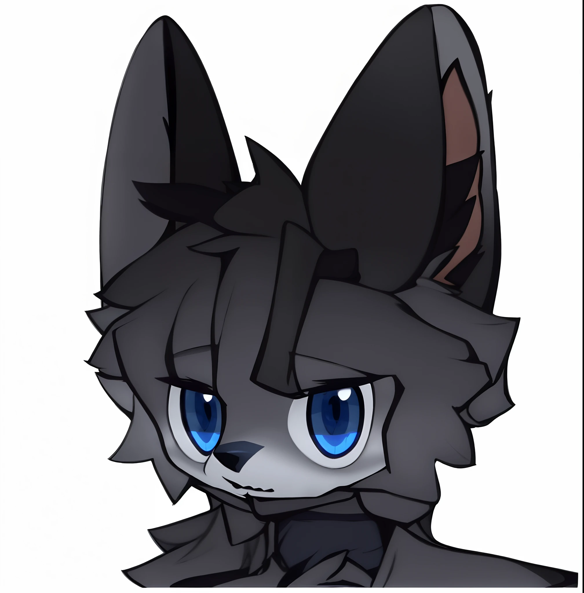 Blue-eyed fox, professional furry drawing, Varguyart style, furry furaffinity, clean cel shaded, wolf fursona, Young hairy avatar,Furry fox, Fox's sharp ears Big eyes Black gray Short hair Gray face Dark blue eyes White background