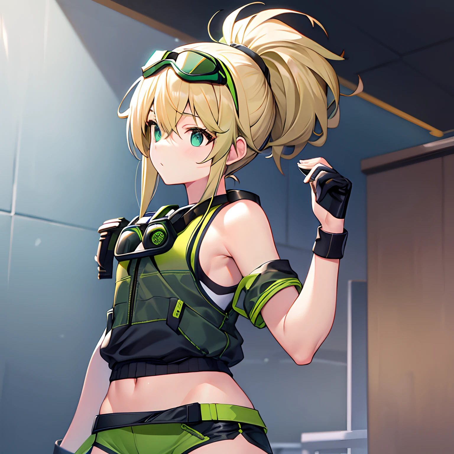 Front shot with blonde high ponytail hair，Overhead goggles，Green headphones，Large，Leaky waist green bandeau black ultra shorts