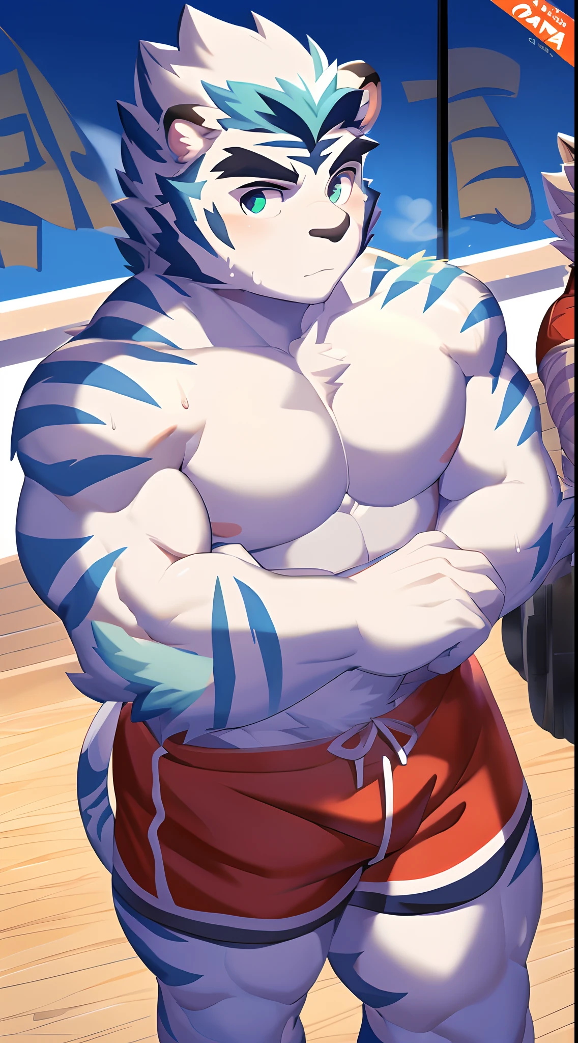 Hominidae, Pose for Camera. 4K, high resolution, Best quality, posted on e621, (Anthropomorphic white tiger:1.2), male people, 20yr old, Thick eyebrows, Light blue stripes, Ultra-short hair, shaggy, Strong body, large pecs, ((Shirtless)), He's working out, Pink milk clusters, Blue-green pupils, sweat leggs, White skinny shorts, Small raised, In the gym, 独奏, (sport, Muscular, Heavyweight:1.2), Correct anatomy, (by Chunie, author：Taran Fidler:0.8), (Detailed eyes:1.2), Sexy, (cel-shaded:1.2), cartoon shading, Serious expression, Be red in the face, (view the viewer:1.2)