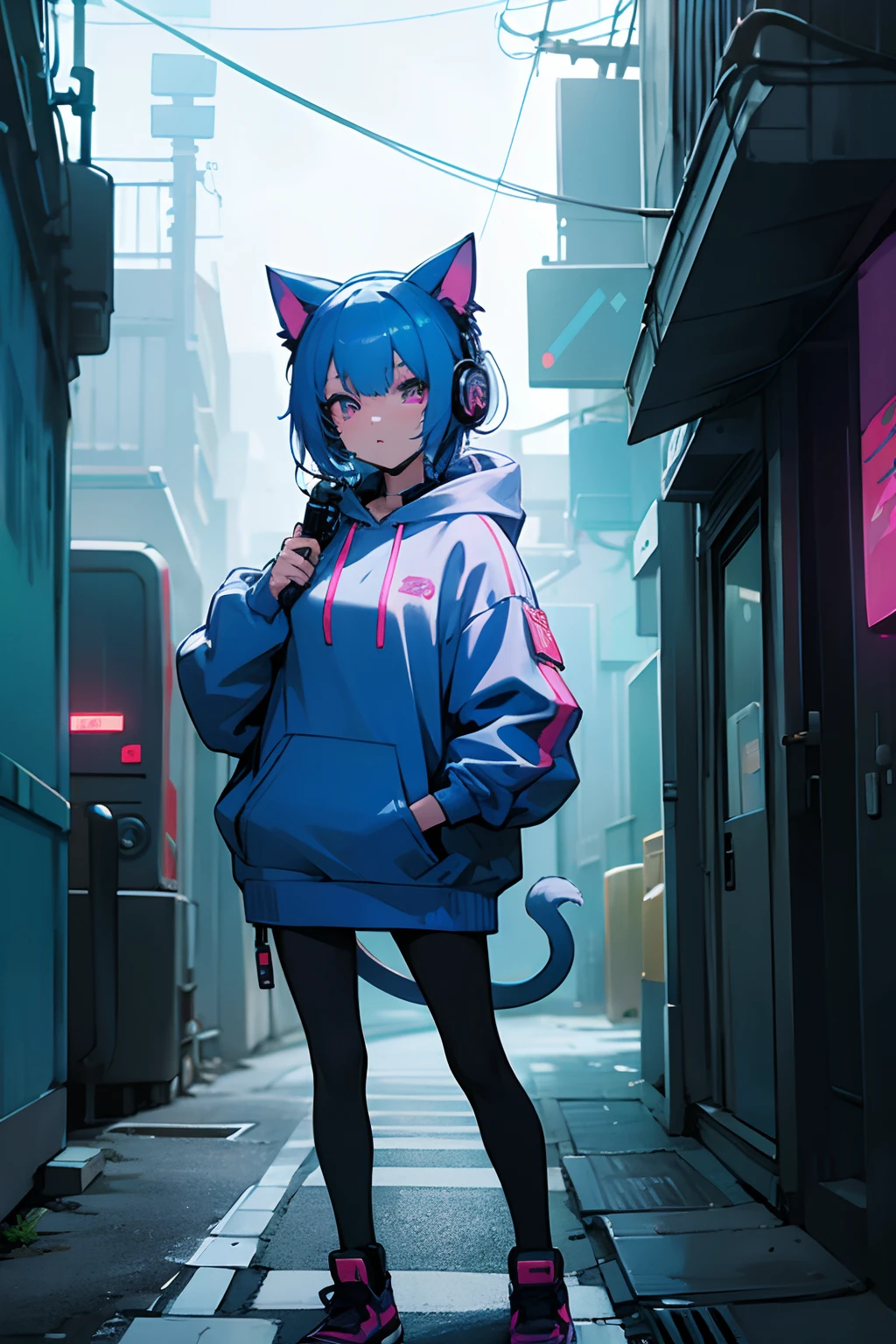 Anime girl with blue hair, Cat-designed masks, Hoodie, Earphone, under a neon, Streets