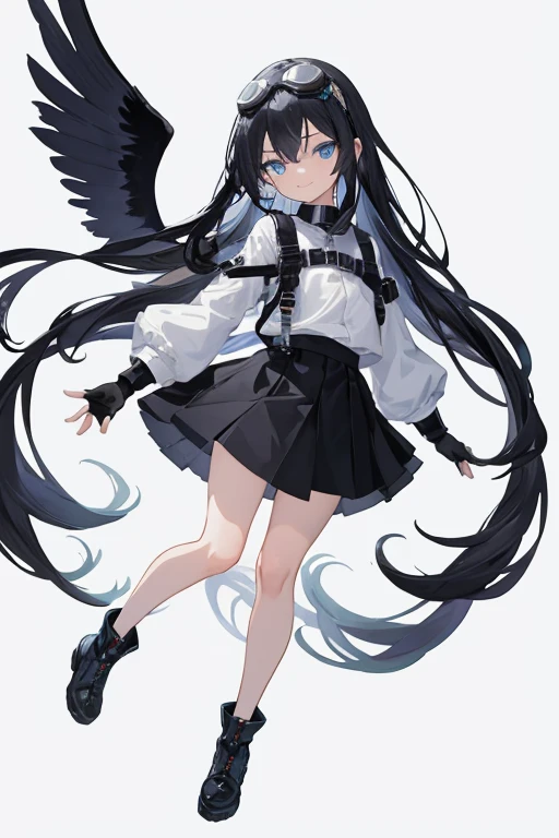 1girl, bangs, black footwear, black shirt, blue eyes, boots, chibi, closed mouth, detached wings, fingerless gloves, full body, gloves, goggles, goggles on head, gradient, gradient background, long hair, long sleeves, looking at viewer, shirt, skirt, smile, socks, solo, standing, white background, white gloves, white skirt, white socks, wings