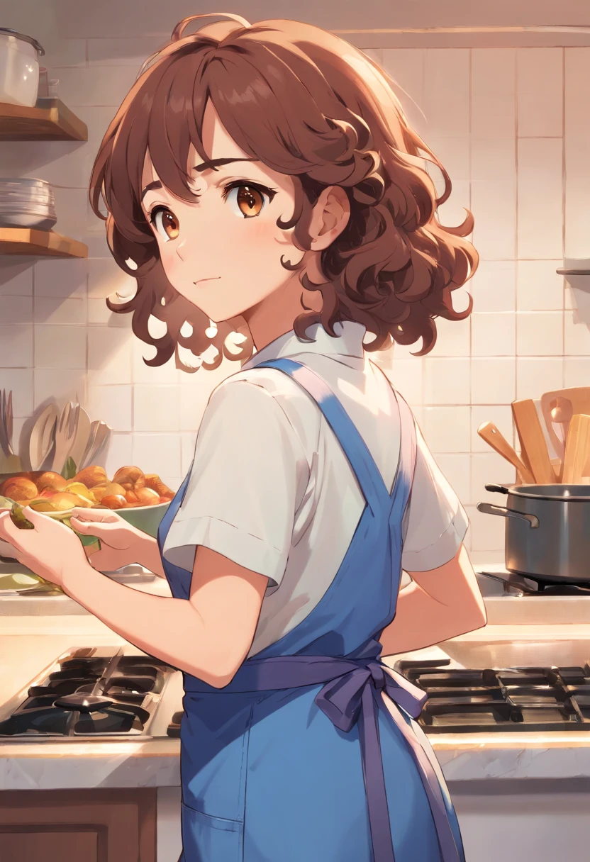 Curly Haired Mom,Brown eyes,Clothes wearing a blue apron, Stand with your whole body up