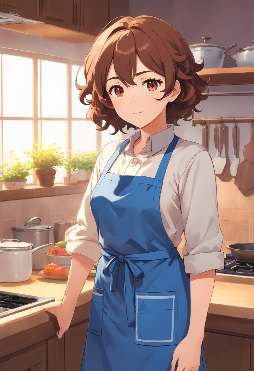 Curly Haired Mom,Brown eyes,Clothes wearing a blue apron, Stand with your whole body up
