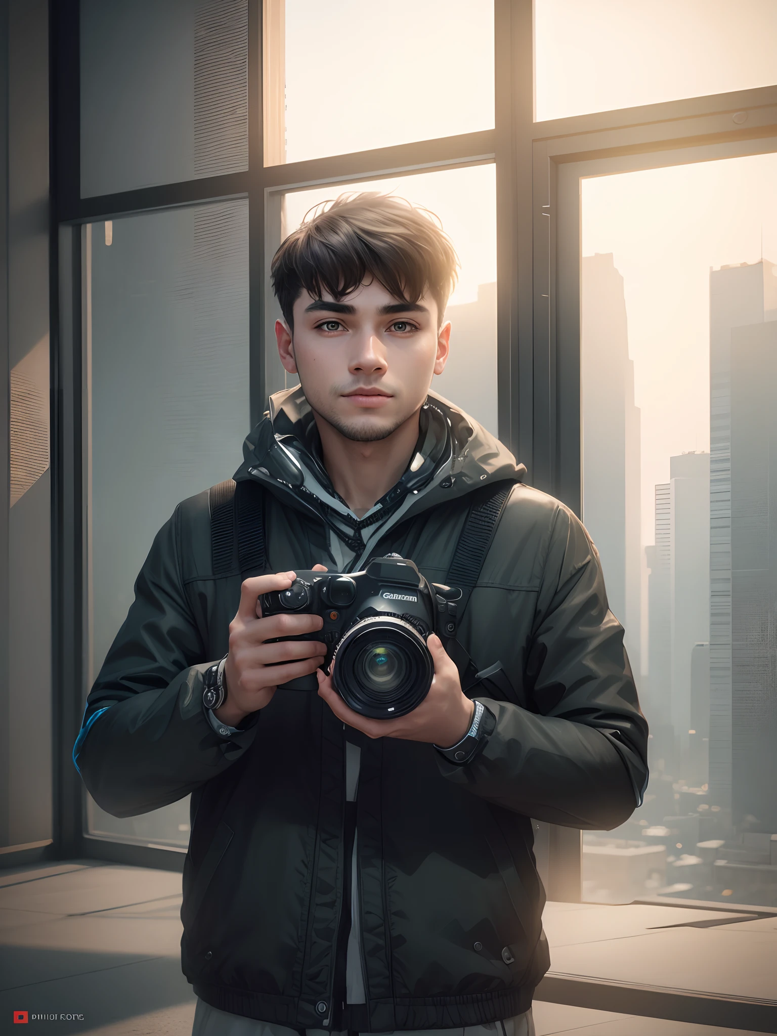 boy with camera futuristic  background realistic face 8k ultra high quality hd