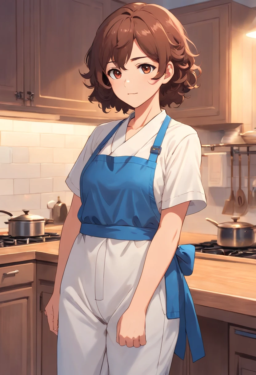 Curly Haired Mom,Brown eyes,Clothes wearing a blue apron, Standing all over the body, wearing white trousers and slippers