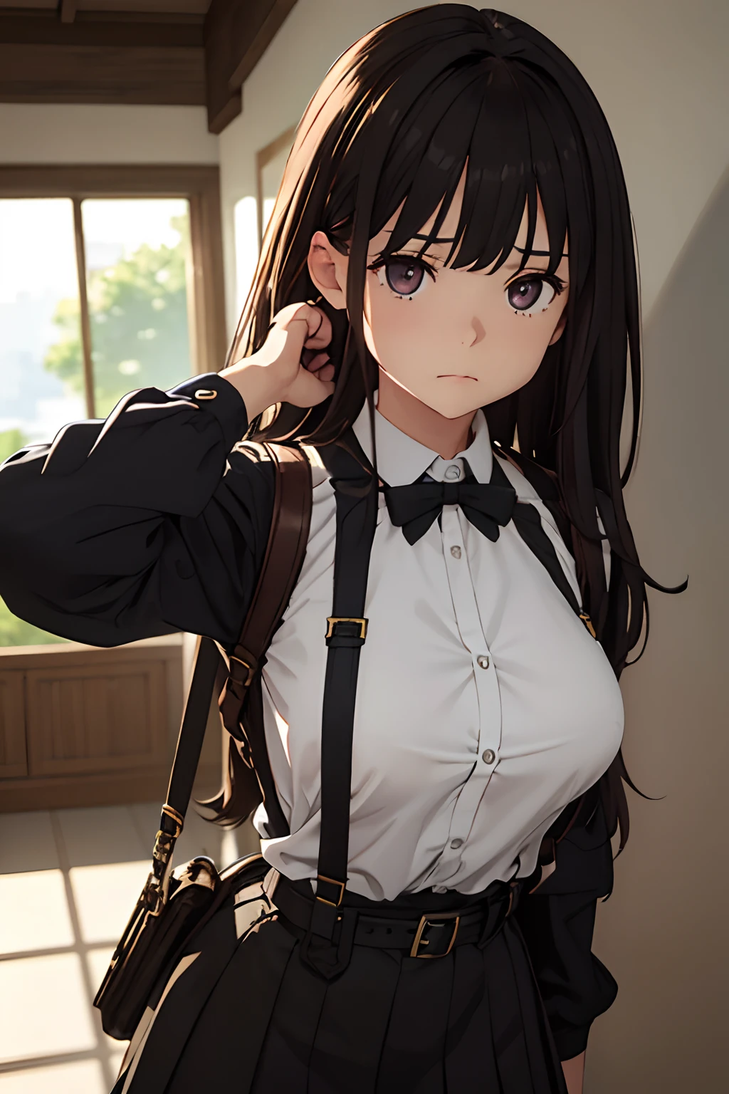 ​masterpiece、flat-colors、depth of fields、lens flare 1 girl、、Brown hair、watching at viewers　　　black suspenders　　　bulging big breasts　　　 　 Armpit sweat　perspiring　Side of both hands　　walls: 　Black miniskirt　garterbelts　　　　　　Gaze　　　Small face　Bangs Upper Eyes　flank　　Rat-colored eyes　　holster　　Belt Armament