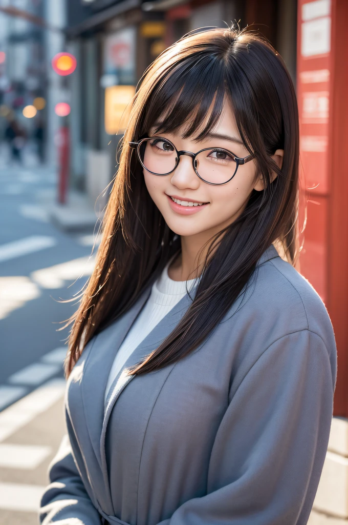 ((japanaese girl)), 8K, Raw photo, Best Quality, ultra-detailliert, Ultra High Resolution, Realistic, photographrealistic, high-definition RAW color photography, professional photograpy, Extremely detailed, 8K Wallpaper, amazing, finely detail, Huge file size, extra detailed face, extremely detailed eye, highlydetailed skin, extremely detailed fingers, highly detailed nose, highly detail mouth, Perfect Anatomy, Highly detailed background, Realistic body, Good figure, blown hair, Cute face, Photography, (Happy smile), Perfect Skin, Perfect Anatomy, (Round glasses), (Mole), swept bangs, Autumn, ((down town)), long coat,