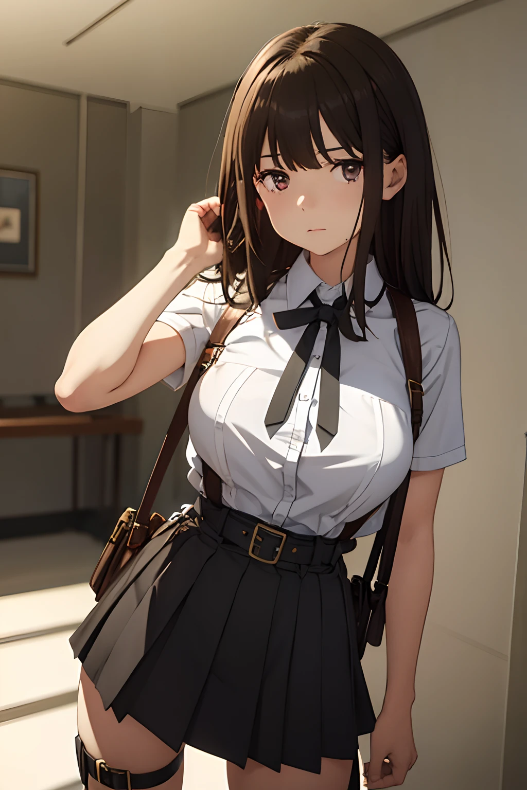 ​masterpiece、flat-colors、depth of fields、lens flare 1 girl、、Brown hair、watching at viewers　　　black suspenders　　　bulging big breasts　　　 　 Armpit sweat　perspiring　Side of both hands　　walls: 　Black miniskirt　garterbelts　　　　　　Gaze　　　Small face　Bangs Upper Eyes　flank　　Rat-colored eyes　　holster　　Belt Armament