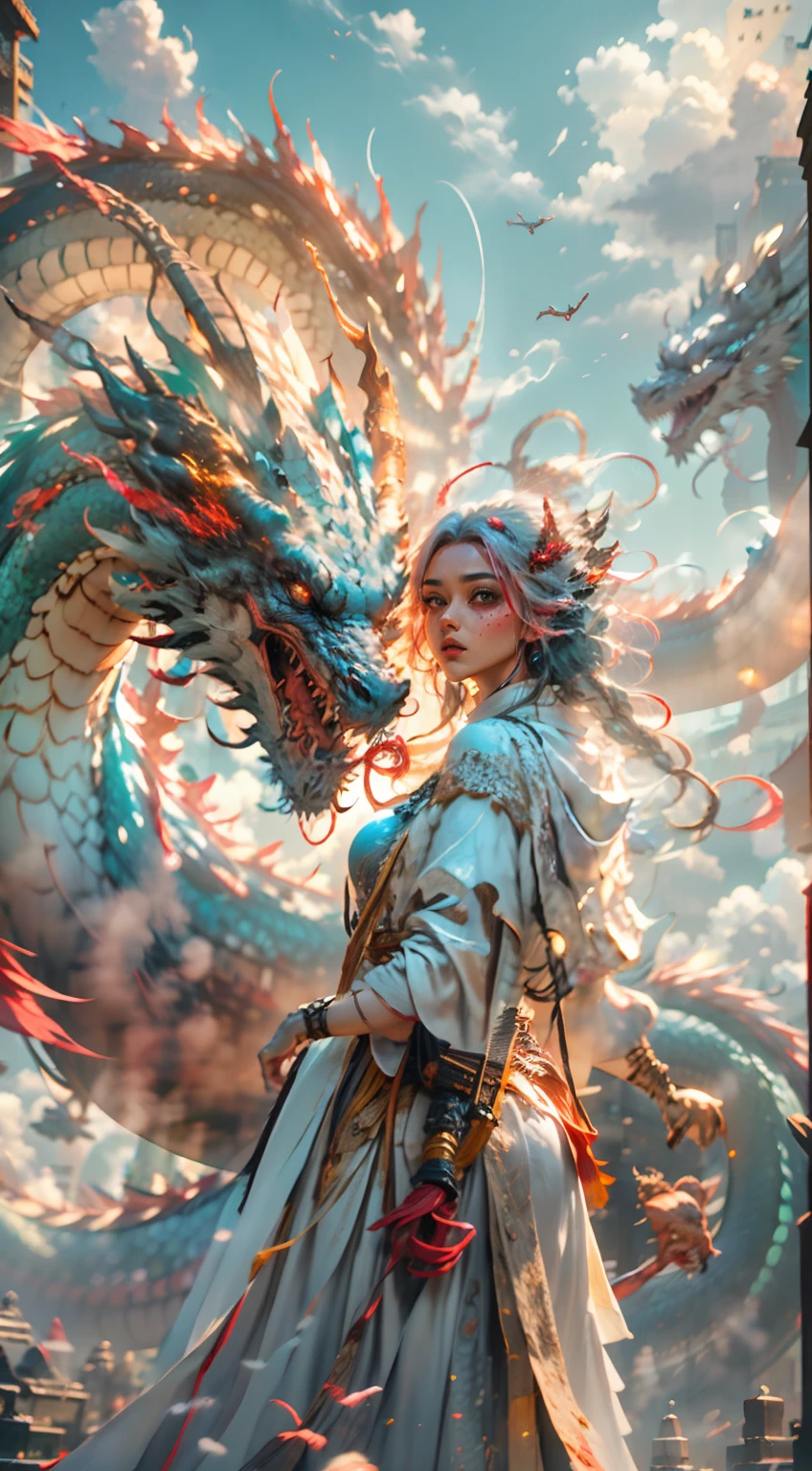 The Chinese White Divine Dragon soared into the air，（Girl manipulates dragons：1.3），（The girl has her back to the camera：1.3），Sky clouds surround the surroundings，Light magic，Fantastic background，Meaning background，Ridiculous background，There are artistic overlays，multicolored hair, surrealism, Cinematic lighting, Ray tracing, god light, speed-line, angle of view, hyper HD, Masterpiece, Best quality, Super detail, A high resolution, High quality，（Far view：1.3