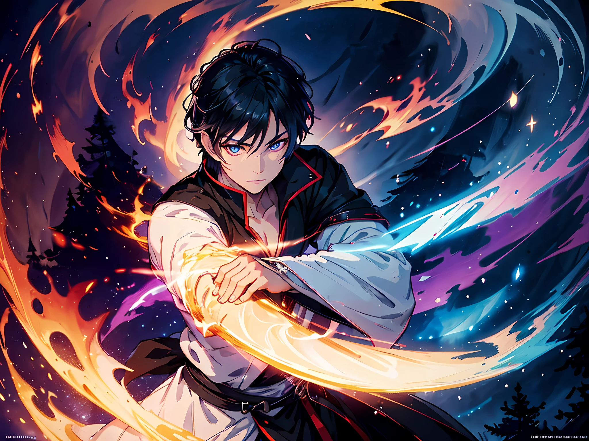 1 man, mage swordsman, beautiful eyes finely detailed, short black hair, wearing aristocrat style outfit, casting a strong spell from his sword, (Masterpiece:1.2), (Best Quality), Detailed, UHD, Cinematic Lighting, sharp focus, (illustration:1.1), intricate, 8k CG, perfect artwork, (half body:0.6), detailed background, witch, magical atmosphere, colorful glowing magic spell in the air, swirling portal, dark magic, (style-swirlmagic:0.8), floating particles, dark sinister forest background, updraft, backlighting,