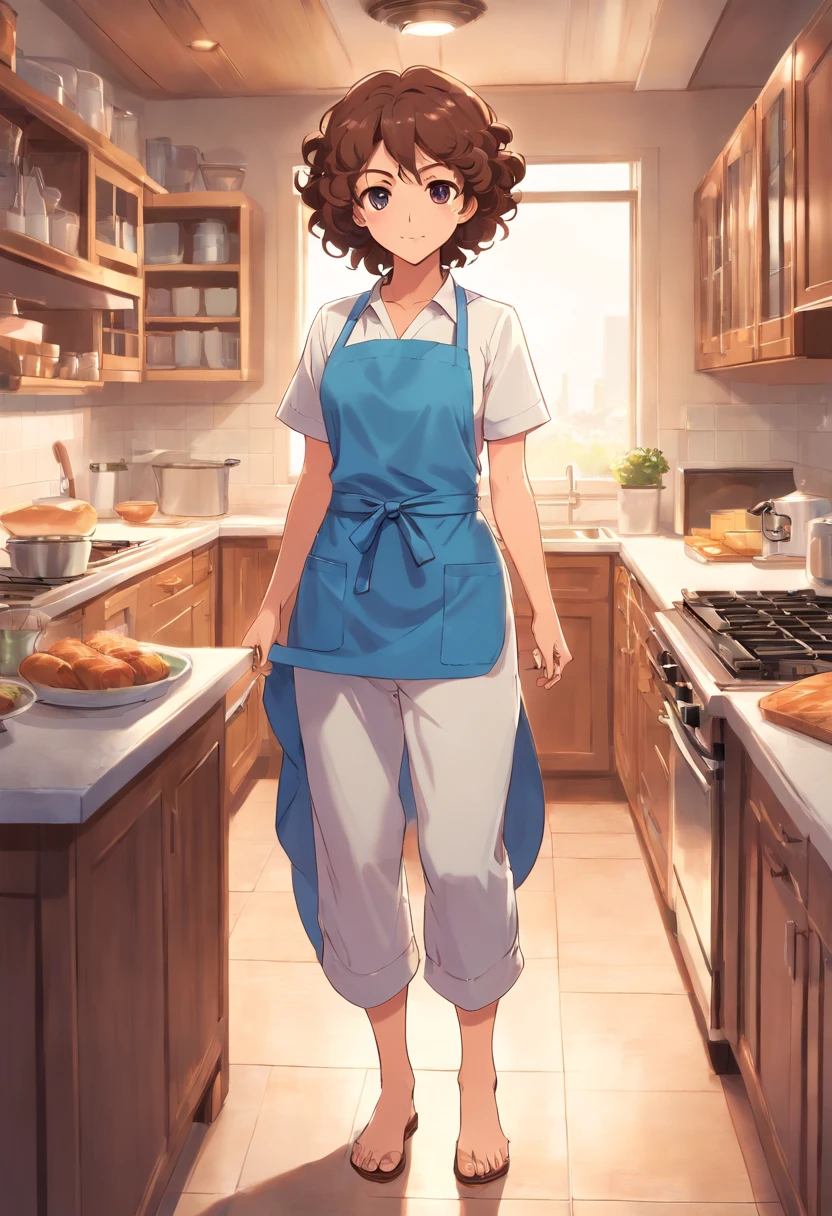 Curly Haired Mom,Brown eyes,Wearing a blue apron and white clothes, Standing all over wearing long pants and slippers