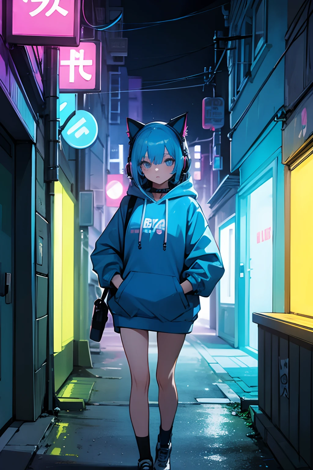 Anime girl with blue hair, Cat-designed masks, Hoodie, Earphone, under a neon, Streets