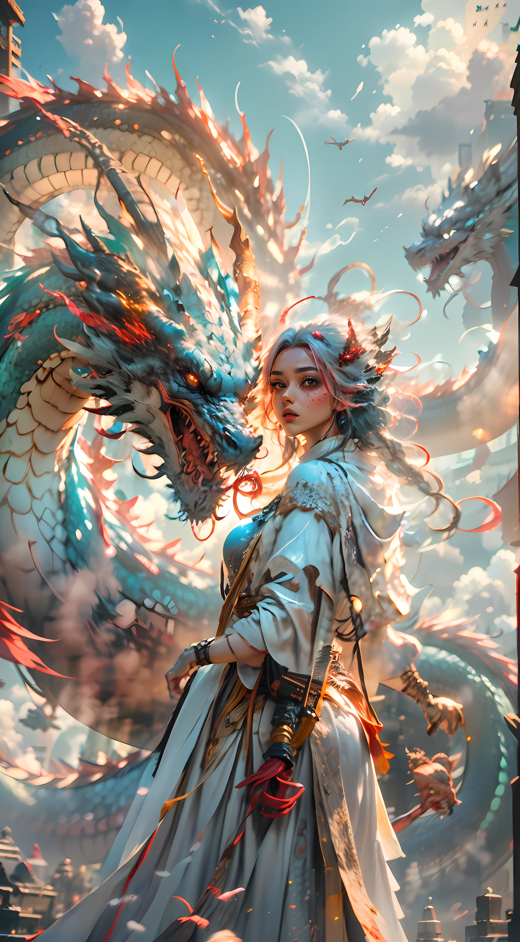 Amazing illustration of one beautiful girl and a dragon, Beautiful rainbow kimono, masutepiece, Golden Chinese dragon surrounded by gold dust, Wind, god, long wavy body, tusk, Fantasy, myth, High quality, Highly detailed, masutepiece, epicd, Particle effect, dynamic effect, The eyes are crystal, Good luck, Gold background, Rising fortune, gold, Sunrise, Sun, One head, Realistic, Dragon God, eyes are white, The background is golden, Seven Colors of Radiance,