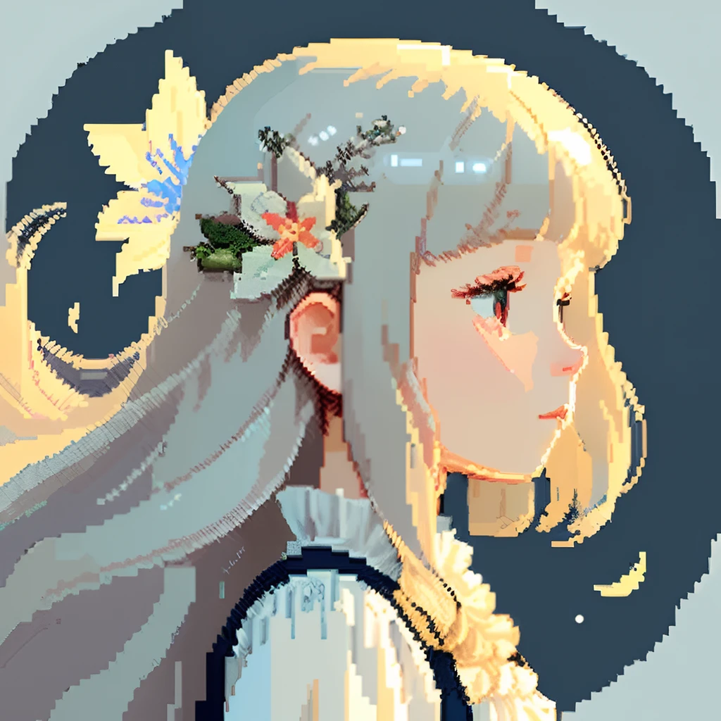 Pale light blue antique dress、Beige long-haired girl、Blunt bangs、profile、Pixel art、Pixel Art Illustration、pixels、Plain background、Upper body 、For icons、pixels_Art Book,Composition centered on the face、Straight face、Floral hair ornament、pixels、Game-style illustration、Pixel art、pixels、Light shading、Fluttering hair、Back hair fluttering in the wind、pixels、Pixel art、Pixel art