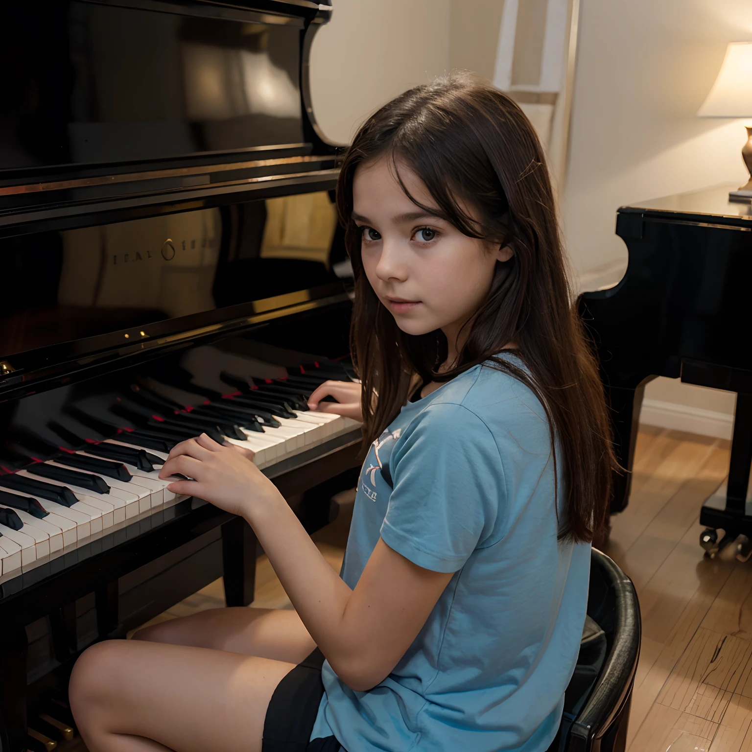 Draw a photo shows a 7 girl from the side, sitting at a piano. She has long dark hair, tied back, and is wearing a blue t-shirt with a white letter 'C' on the back. She is seated on a black piano bench and appears to be playing the piano, which has a red velvet cover draped over it. The setting suggests a home environment, and the girl seems focused on the piano keys in front of her.