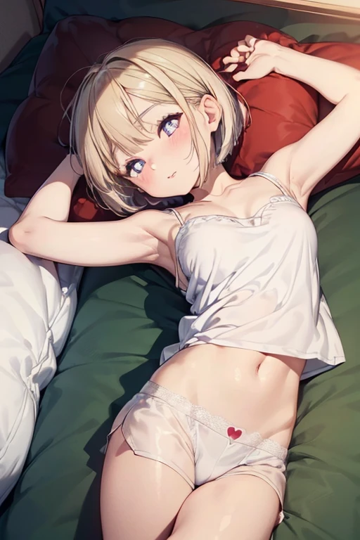 top quality, (Masterpiece: 1.3), (Maximum resolution: 1.2), (Ultra HDTV: 1.2), Cinema light, Ultra HDTV, (Detailed eyes and skin), (Detailed facial features), HDR, 8k resolution, Sharp Focus: 1.2, ((lying down : 1.4)), (wearing　a futon, sleeping position :1.6), (side view angle: 1.8),(incoming kiss, half closed eyes, half opened mouth: 1.8),  Perfect style, beautiful face, accurate, anatomically correct, highly detailed face and skin texture, detailed eyes, blue eyes, double eyelids, thin eyebrows, glitter eyeliner: 1.2, natural cheeks, glossy skin, fair skin: 1.2, (glossy lips: 1.4), (heart shaped pupils:1.5), BREAK first-person-view, ((Wearing white camisole :1.6)), (weraring sexy string panty), (thin cotton fabric:1.6), (lifting the clothes and baring nevel), (smiling full of compassion:1.2), (smiling full of love:1.2), innocent and Cute girl, ( shiny blonde hair), ( extra short bob hair, bang style:1.6), BREAK (super close-up on face: 1.2), (focus on her lips ), (medium large breasts:1.2), (((at night, on the futon at the nap room: 1.2)), (very intimate relationship),
