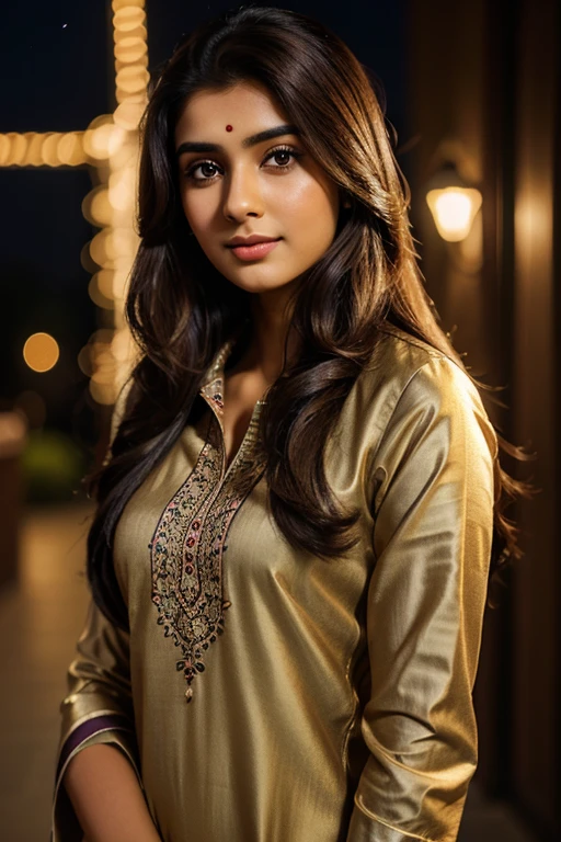 Beautiful ,23 years young girl,confident looking,8k,realistic,dark brown hair,fair skin, indian,long hair,clear facial features, wearing dupatta and kurti, in night